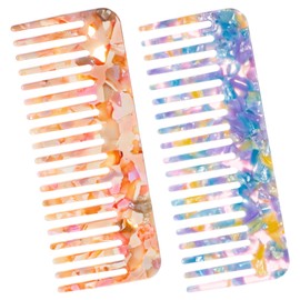 Hair Detangling Comb, 2 Pack Tortoise Shell Comb 4.7 Inch Acetate Wide Tooth Combs No Handle Styling Combs for for Women Girls Long Short Wet and Dry (Purple, Apricot)