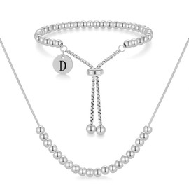 HXNIBATSAR Stainless Steel Gold & Silver Jewelry Set ， Snake Chain Necklace Women Adjustable Initial Bracelet Bead Bracelets for Her (Silver, D)