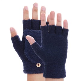 Thinp Fingerless Gloves for Women and Men, Winter Gloves Warm Wool Knit Flip Fingerless Gloves with Cover Convertible Mittens Knitted Gloves (Navy Blue)