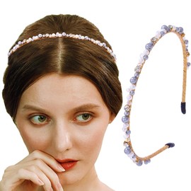 Urieo Pearl Thin Hairbands Champagne Rhinestones Headbands Beaded Headband Party Wedding Hair Accessories for Women