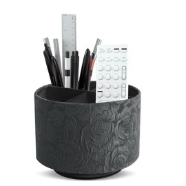 QIELIZI Round Leather Art Supply Organizer,Remote Control Holder,360 Degree Rotating,Multi-Functional Pencil Holder,4 Compartments Desktop Stationary Organizer(1-3D Rose Red)