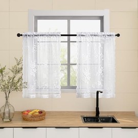 Cortinas de encaje blanco para cafetería de 24 pulgadas de largo, juego de 2 paneles - Cortinas de cocina florales campestres transparentes con bolsillo para barra, cortinas cortas para filtrar la luz