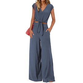 PRETTYGARDEN Women's Summer 2 Piece Outfits 2025 Cap Sleeve V Neck Belted Crop Tops Wide Leg Pant Sets Casual Tracksuit(Solid Grey Blue,Medium)
