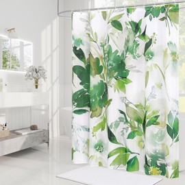 Litabel Green Watercolor Floral Shower Curtain, Plant Leaves with Flower Shower Curtains for Summer Bathroom Decor, White Modern Fabric Botanical Waterproof Shower Curtain Set with Hooks 72x72 Inch