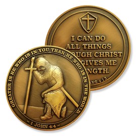 The Task Ahead Coin, Bulk Pack of 3, I Can Do All Things, Challenge Coins, Antique Gold-Color Plated, Featuring a Kneeling Knight Templar and Philippians 4:15