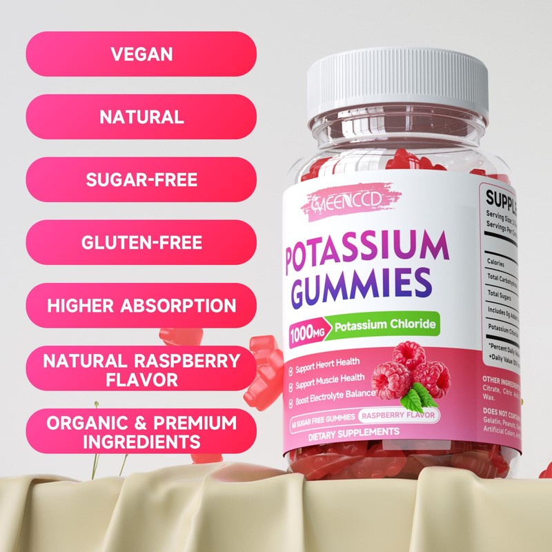 2 Pack Potassium Gummies, Potassium Chloride 1000mg for Adults, Sugar-Free