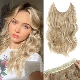 Morichy Invisible Wire Hair Extensions, 14inch Short Curly Hair Extensions with Transparent Wire Adjustable Size 4 Secure Clips Dirty Blonde with Brown Highlights Short Wavy Hairpieces for Women