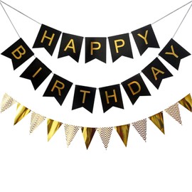 Tourima Birthday Decoration Banner Set, Black and Gold, Happy Birthday Garland with Chevron Bunting, Party Decoration Garland Birthday