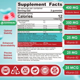 Probiotic + Prebiotic Gummies for Adults & Kids 4+, Sugar Free Chewable Probiotic 50Billion CFUs w/Fiber, Vitamin B1 B2 D3 & Zinc, for Digestive & Gut Health, Boost Microflora Diversity, Vegan 120 Cts