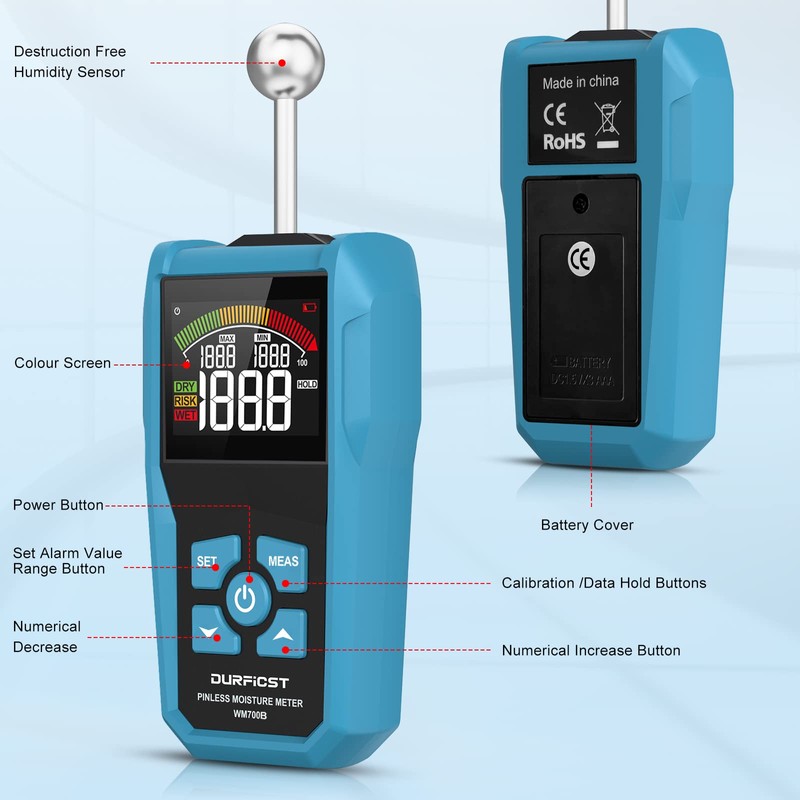 Wood Moisture Meter, DURFICST Pinless Moisture Meter with Colour LCD