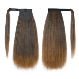 UAmy hair Long Yaki Straight Ponytail Extension for Women 20 Inch Ombre Golden Wrap Around Magic Paste Synthetic Clip in Ponytail Thick Kinky Straight Hair Pony Tail for Daily Use (T27)
