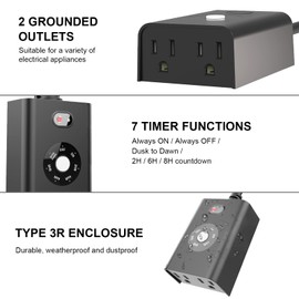 Outdoor Timer for Lights Sensor Dusk to Dawn Timer, Outdoor Light Timer Waterproof Plug in Outlet Light Timer with 2 Grounded Outlets for Holiday Decor, ETL FCC Certified