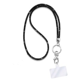 Fashion 31.5" Sparkle Black Crystal Neck Lanyard,Exclusive Bling ID Badge Holder,Rhinestone Work Name Card Holder for Women,Bonus 1 Cellphone Safety Tab,Won't Get Hair Caught(1PC) (Black)