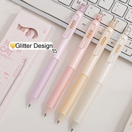 MOZXIRZ 4 Pcs Cute Retractable Pens Cat Gel Pens Gliiter Aesthetic Pen 0.5mm Fine Point Black Ink Smooth Writing Kawaii Cartoon Kitty Pen for Women Girls Office School Supplies (4Pcs Gliiter Cat)