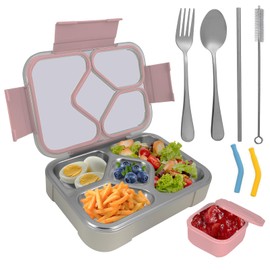 QIBONGS-Stainless Steel Tray Bento Lunch Box with Sauce Cup Drop-Proof, Leak-Proof 4 Compartments Container for Work, Travel, Dishwasher Safe, Made with Food-Safe Materials (Pink)