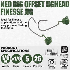 Ned-Rig-Finesse-Offset-Jig-Heads-Kit Weedless Mushroom EWG Wide Gap Ned Hooks for Bass Fishing (1/6 oz-4.6g-25pack)