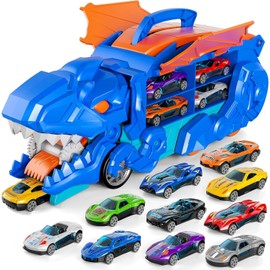 Uandhome Dinosaur Transporter Truck Toy for Kids,Race Track Toy Suit with 12 Diecast Racing Cars,Transformed Dinosaur Carrier Truck with Handle,Gifts for Age 3-5 Boys Girls(Blue)
