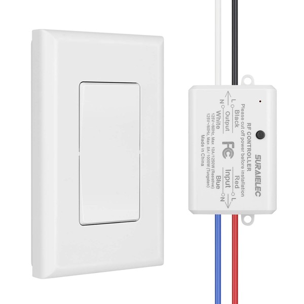 Suraielec Wireless Remote Light Switch, No Wiring, No WiFi, 100ft RF Range, Pre-Programmed, Expandable Wireless Wall Switch and Receiver Kit, Remote Control Light Fixture for Lamp, Ceiling Light, Fan