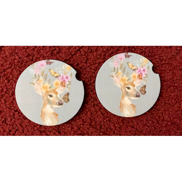 Unbranded DEER AND FLOWERS CAR COASTERS-2-PK TO PREVENT STICKY CUP