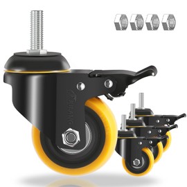 JULANG 1/2 Caster Wheels Threaded Stem 3 inch, Stem Mount (1/2" -20 x 1-1/4"), Swivel with Brake & Lock, Stem Casters for Wire Shelving, Heavy-Duty Mobility for Carts, or Furniture