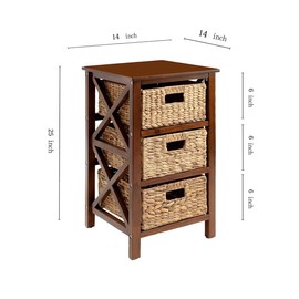 eHemco 3 Tier X-Side End Table/Cabinet Storage with 3 Baskets, Walnut