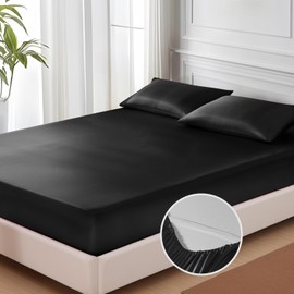 MR&HM Satin Fitted Sheet California King Size, Silky Bottom Sheet with Elastic Corner Straps, Deep Pocket up to 15 Inch, No More Slipping Off for Mattress - 1 Fitted Sheet Only (Black)