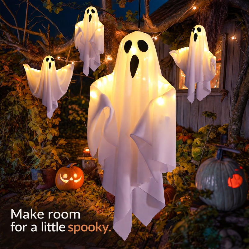 2-Pack Light-Up Hanging Ghost Decorations for Halloween – Warm LED