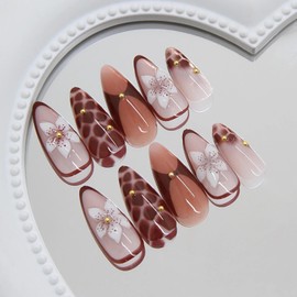 BABALAL Brown Nails Press on Medium Almond Fake Nails Flower Artificial False Nails Gold Design Acrylic Nails 3D Flower Glue on Reusable Stick on Nails for Women Girls Manicure 24Pcs