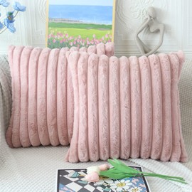 NIULAA Pink Cushion Cover, 45 x 45 cm, Set of 2, Fluffy Plush Decorative Cushion Covers, Soft Striped Fur Cushion Cover, Luxury Sofa Cushion Covers, Living Room, Sofa