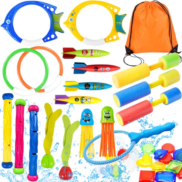 Yetech 28pcs Swimming Pool Toys Diving Toys Set Diving Set Swimming Pool Training Games for Children with Carry Bag