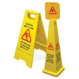 FOUR SIDED CONE-SHAPED ENGLISH/SPANISH CAUTION WET FLOOR SIGN