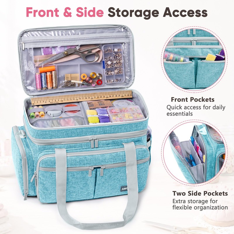 AMOIGEE Sewing Organizer Bag with 2 Clear Storage Boxes, Double