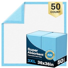 AAY Disposable Bed Pads 36" x 36" (50 Count) , Extra Large Heavy Duty Incontinence Underpads, Super Absorbent 3XL Chucks Pee Pads for Adults, Kids, Pets, Puppy Training
