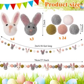 Easters Pom Pom Garland 6.6 Feet Wool Felt Ball Garland Farmhouse Felt Tiered Tray Decoration for Home Decoration Easter Birthday Party Supplies (Rabbit)