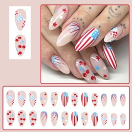ONPRESS 24Pcs 4th of July Press on Nails Medium Almond Fake Nails with American Flag Design Independence Day Red White Line False Nails Blue Star Silver Glitter Glue on Nails for Women Girls