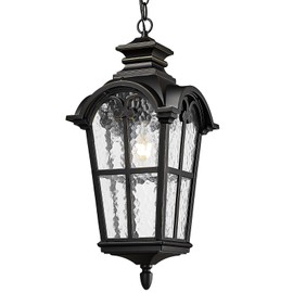 Emliviar Large Outdoor Pendant Light for Porch, 21 Inch Outdoor Hanging Light, Black Finish with Water Glass Shade, WE215HM BG