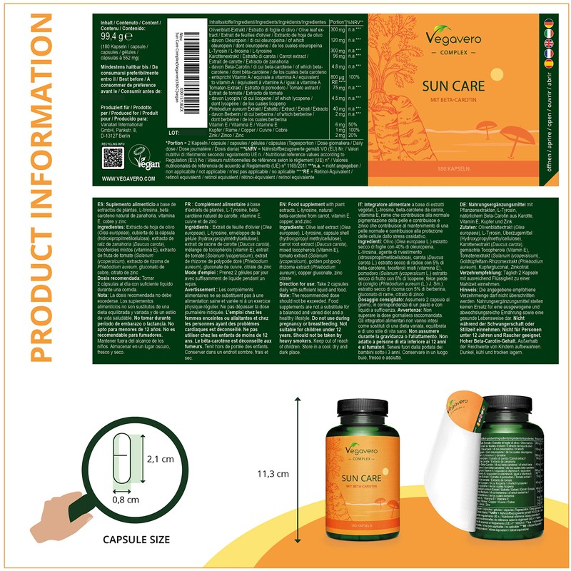 Tanning Capsules Vegavero® | with Beta Carotene, Vitamin E, L-Tyrosine,