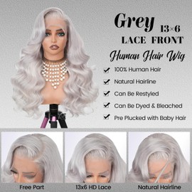 KingSup Grey Wig Human Hair 250 Density 20 Inch 13x6 Body Wave Colored Lace Front Wig Human Hair Pre Plucked, 100% Real Human Hair No Synthetic Blend Tangle Free Shedding Free Triple Lifespan 3X