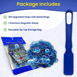 MR CHIPS Made in USA Bingo Magnetic Wand & ¾ Inch Blue Plastic Chips with Metal Rings - 100 Upgraded Pieces Bingo Chips Magnetic, Support American Jobs