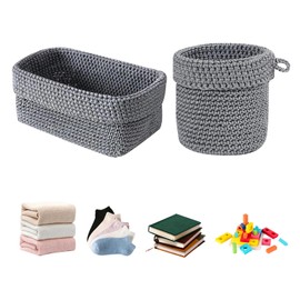 eupdd Pack of 2 Crochet Baskets: Basket Storage with 1 Round Basket, Grey, for Towels, Cosmetics, Keys, Storage Basket, Anthracite, Storage Basket, Small, Bathroom Basket for Bedroom, Office