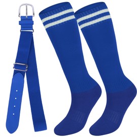 KEUKORZ Blue Youth Baseball Socks with White Stripes and Belt Set Non-Slip Classical Stripes Softball Socks for Youth Strenchy Baseball Belt Combo