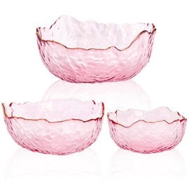 ZEAYEA Set of 3 Glass Salad Bowls, Pink Glass Serving Bowls for Kitchen Prep, Decorative Large Candy Bowls, Irregular Shape Space Saving Nesting Bowls for Salad, Fruit, Snack, Dessert