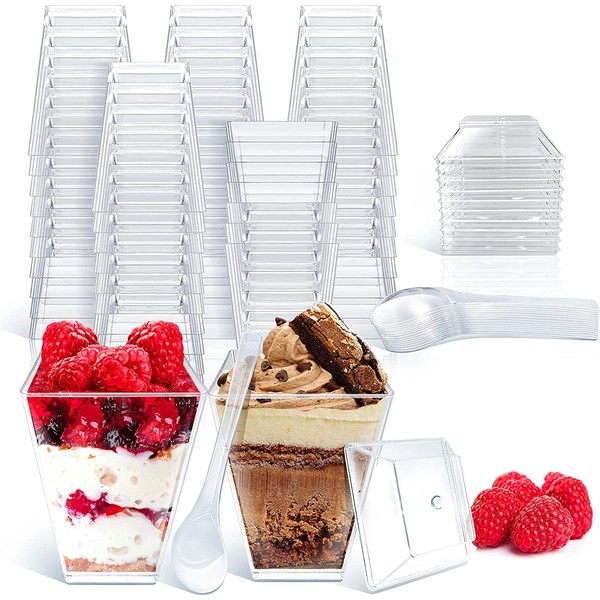 50pack 5.4oz Clear Plastic Dessert Cups with Lids and Spoons