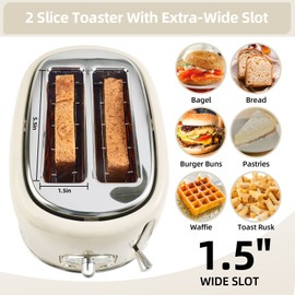 Pateyney Retro Stainless Steel Toaster - 2 Slice, Extra-Wide Slot, 6 Adjustable Settings, Removable Crumb Tray, Defrost, Cancel, Reheat (Cream)