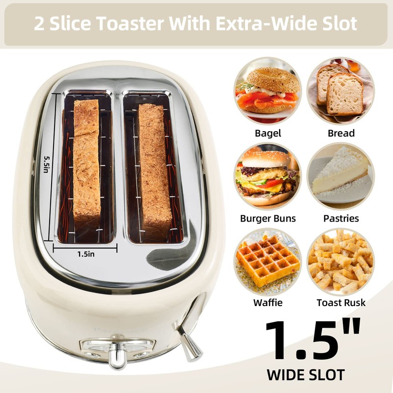 Pateyney Retro Stainless Steel Toaster - 2 Slice, Extra-Wide Slot,