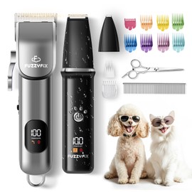FuzzyFix Dog Grooming Kit, Dog Clippers for Grooming for Thick Curly Coats, Professional Pet Hair Shaver Paw Trimmer Cordless Rechargeable Low Noise for Dogs Cats Animals Face Ear