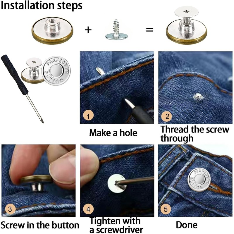 No-Sew Jeans Button Replacement Kit, 10 Sets Metal Snap Tack