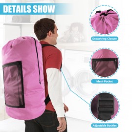Laundry Bag Backpack,Olosar Extra Large Travel Laundry Bag with Mesh Pocket & Adjustable Shoulder Straps,Dirty Clothes Travel Bag for College Students Dorm,Apartment(Pink)