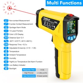 Infrared Thermometer Gun, TEMIRUP Non Contact Digital IR Laser Thermometer Temperature Gun with Probe for Cooking, Pizza Oven, Griddle, Humidity Measurement, Adjustable Emissivity -58°F to 1472°F