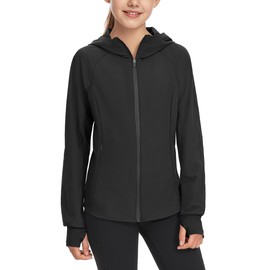 JOCMIC Girls Lightweight Athletic Jacket Water Resistant Full Zip Coat with Thumb Holes for Outdoor Camping Hiking Black 13-14 Years
